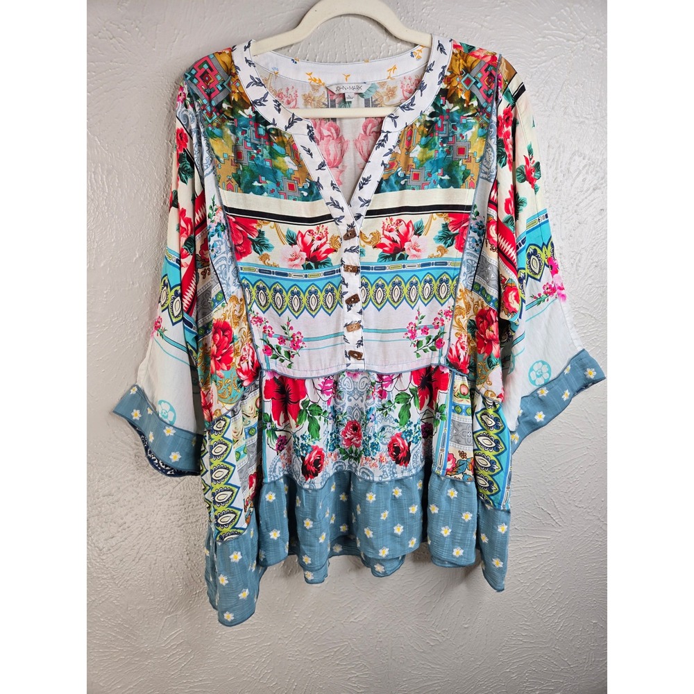 John Mark Floral Patchwork Blouse L Multi Color Relaxed Eclectic Boho Artsy Top - Picture 13 of 13